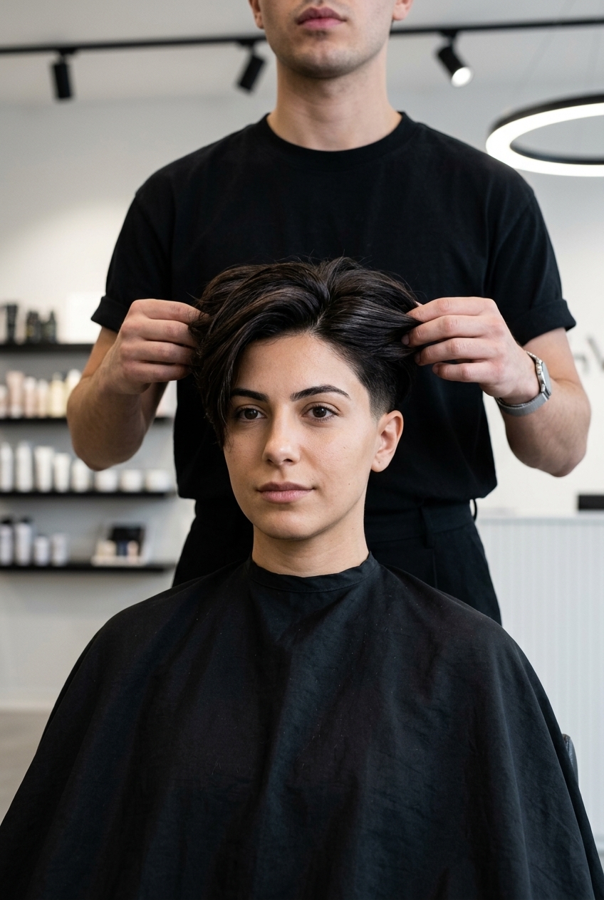 short sculpted haircut with deep espresso brunette, skin-tight fade, and textured top for bold edge
