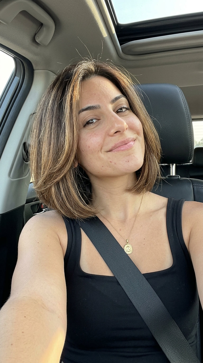 shoulder-length espresso brunette bob with mocha balayage, soft layers, no bangs — natural sophistication