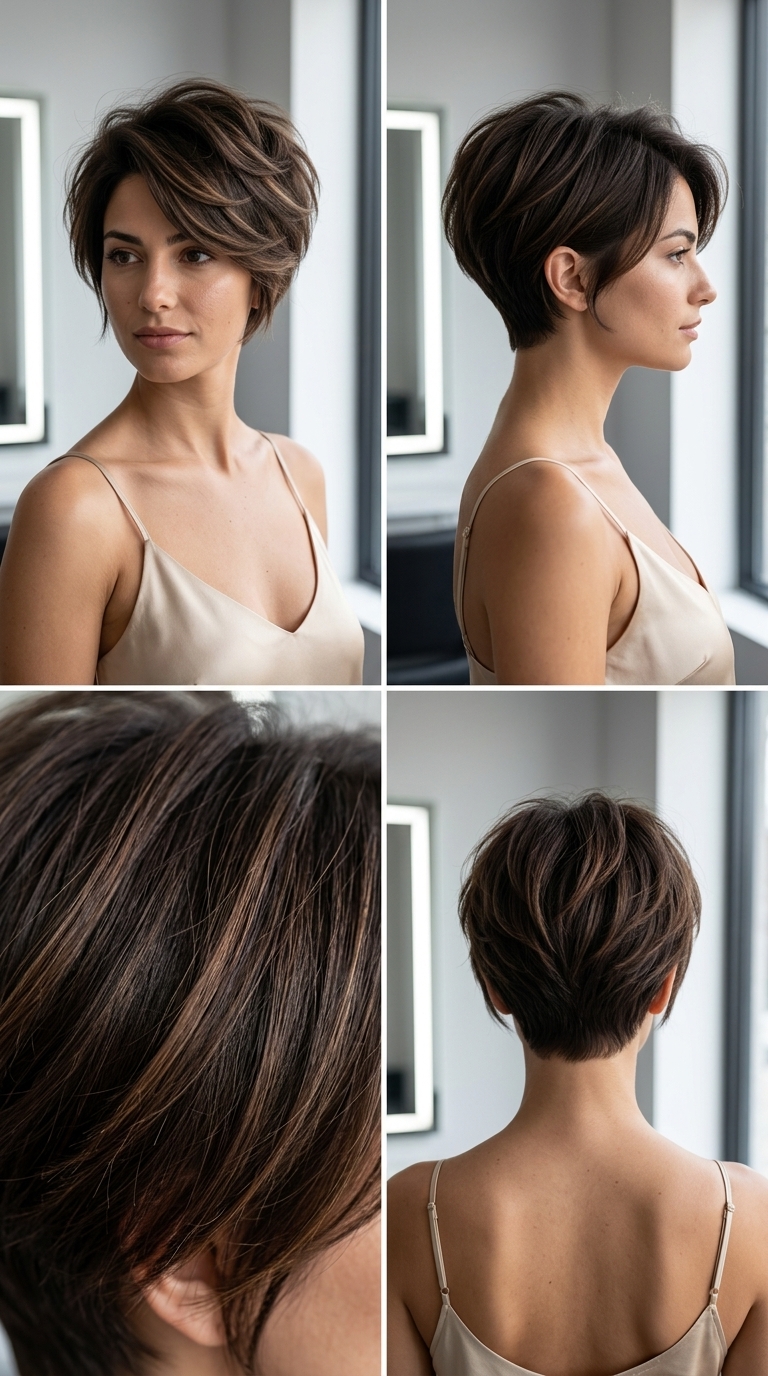 Volume Pixie 2026: Chic Espresso Brunette very short pixie haircut in espresso brunette with caramel babylights, voluminous layers, soft taper β chic date night style