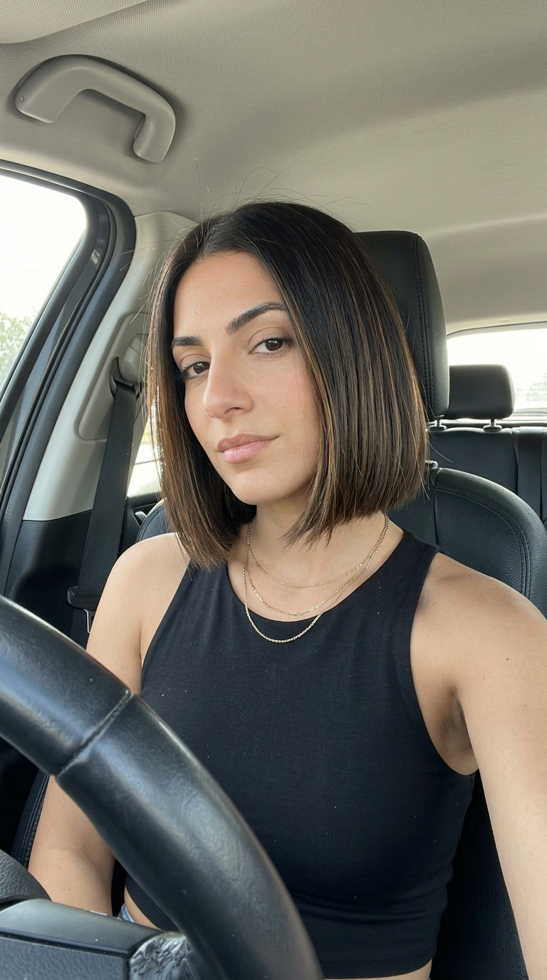 Caramel Balayage Espresso Bob 2026 short blunt bob haircut in espresso brunette with caramel balayage for everyday chic