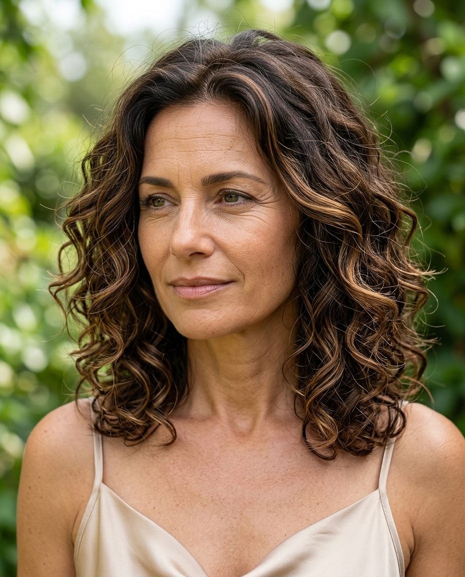 shoulder-length curly lob haircut with espresso and caramel balayage, internal layering, no bangs — energetic outdoor party