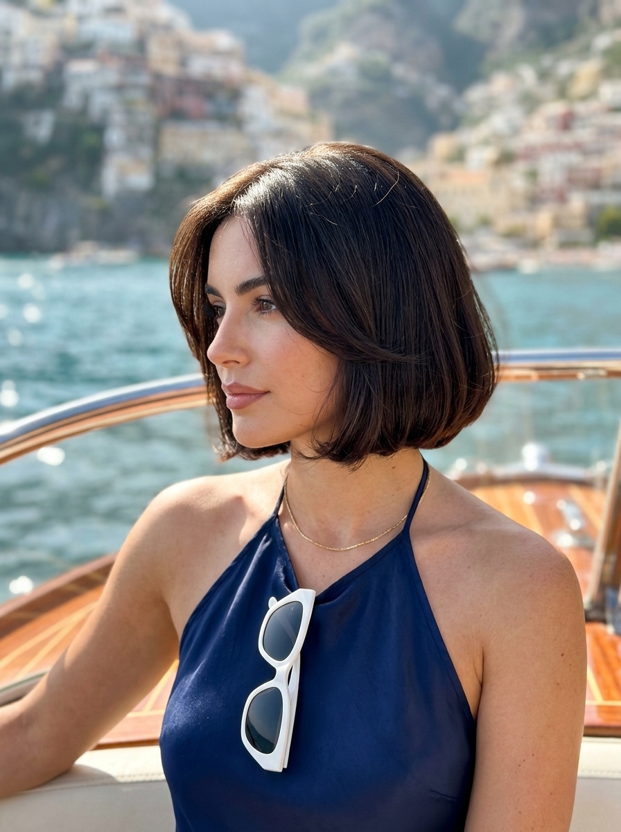 Riviera Siren Bob: Glamorous Summer Cut 2026 chin-length bob haircut with deep espresso brunette, stacked back, and rounded perimeter β glamorous sophistication