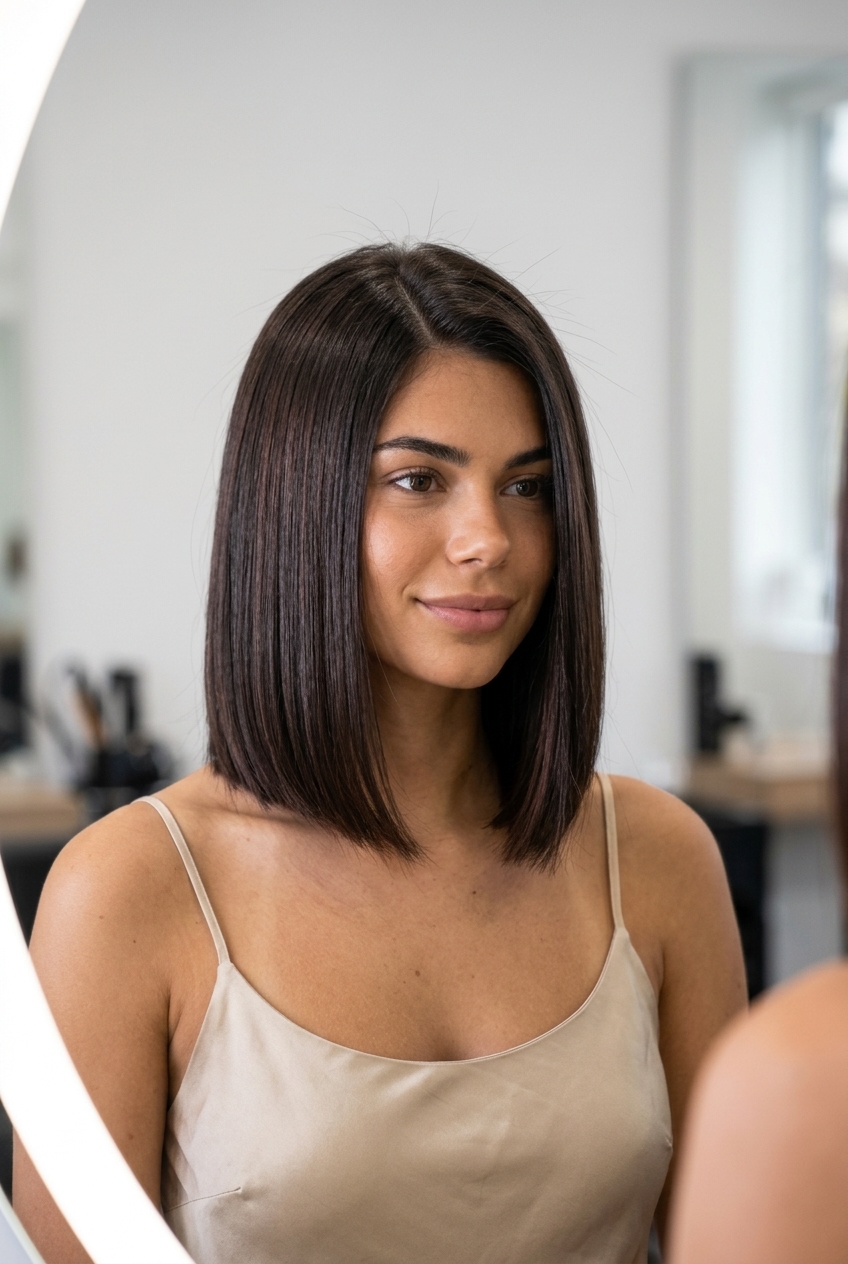 chin-length blunt bob with deep espresso cool-neutral brunette and mahogany lowlights, precise cut — professional sophisticated chic