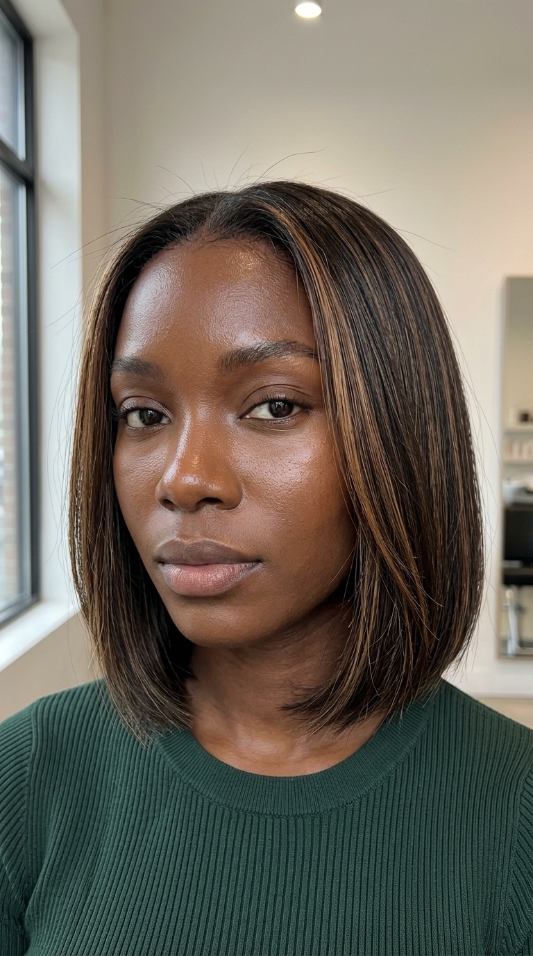 chin-length blunt bob with deep espresso and manuka honey brown babylights, sleek finish — sophisticated event