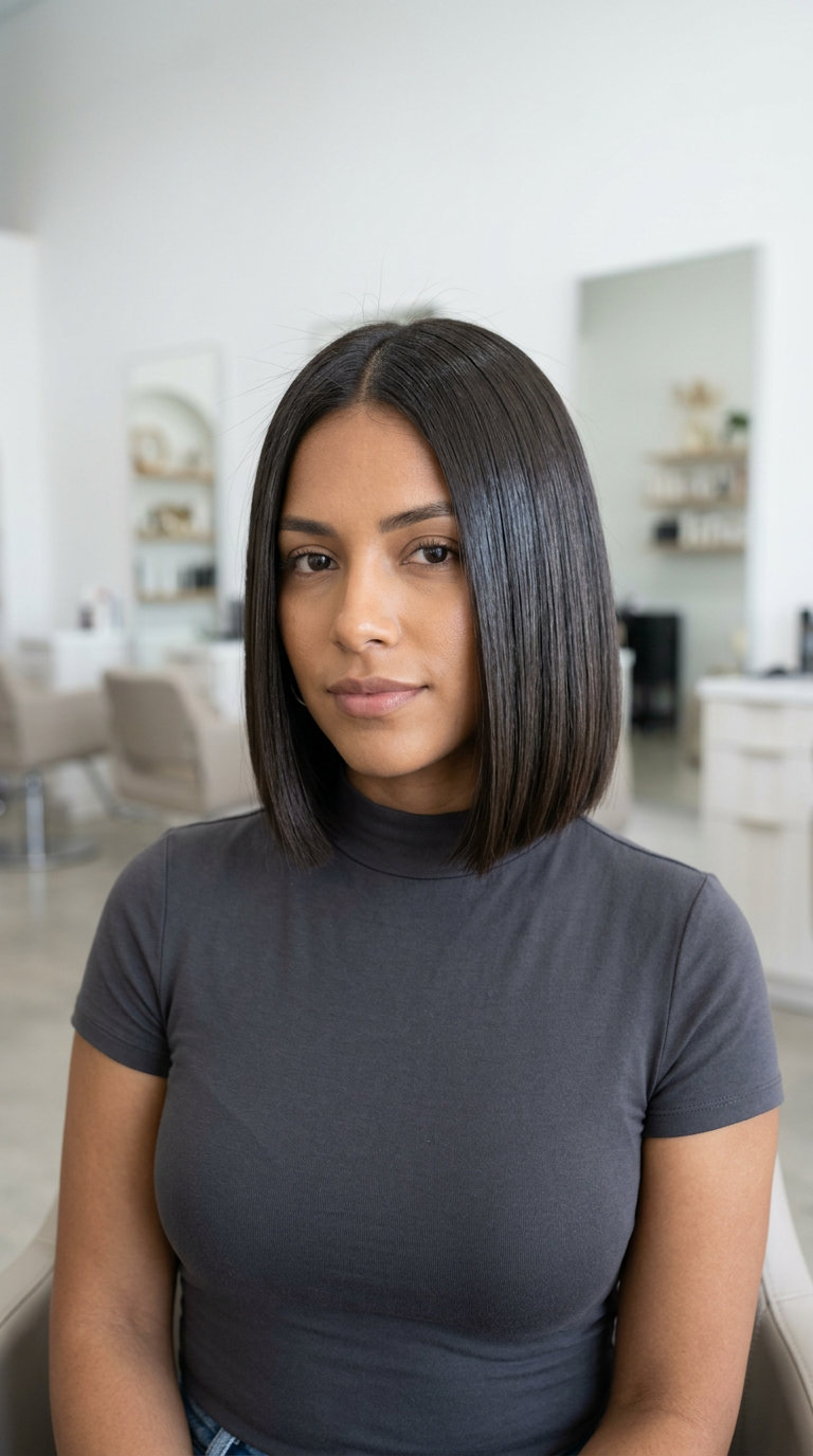 chin-length blunt bob haircut with espresso brunette color, clear gloss finish, no bangs — modern summer style