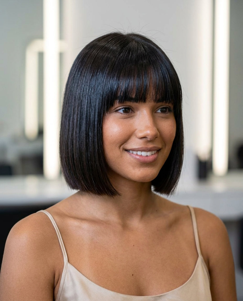 Espresso Bob with Blunt Fringe 2026 chin-length espresso bob with blunt fringe and high-gloss finish
