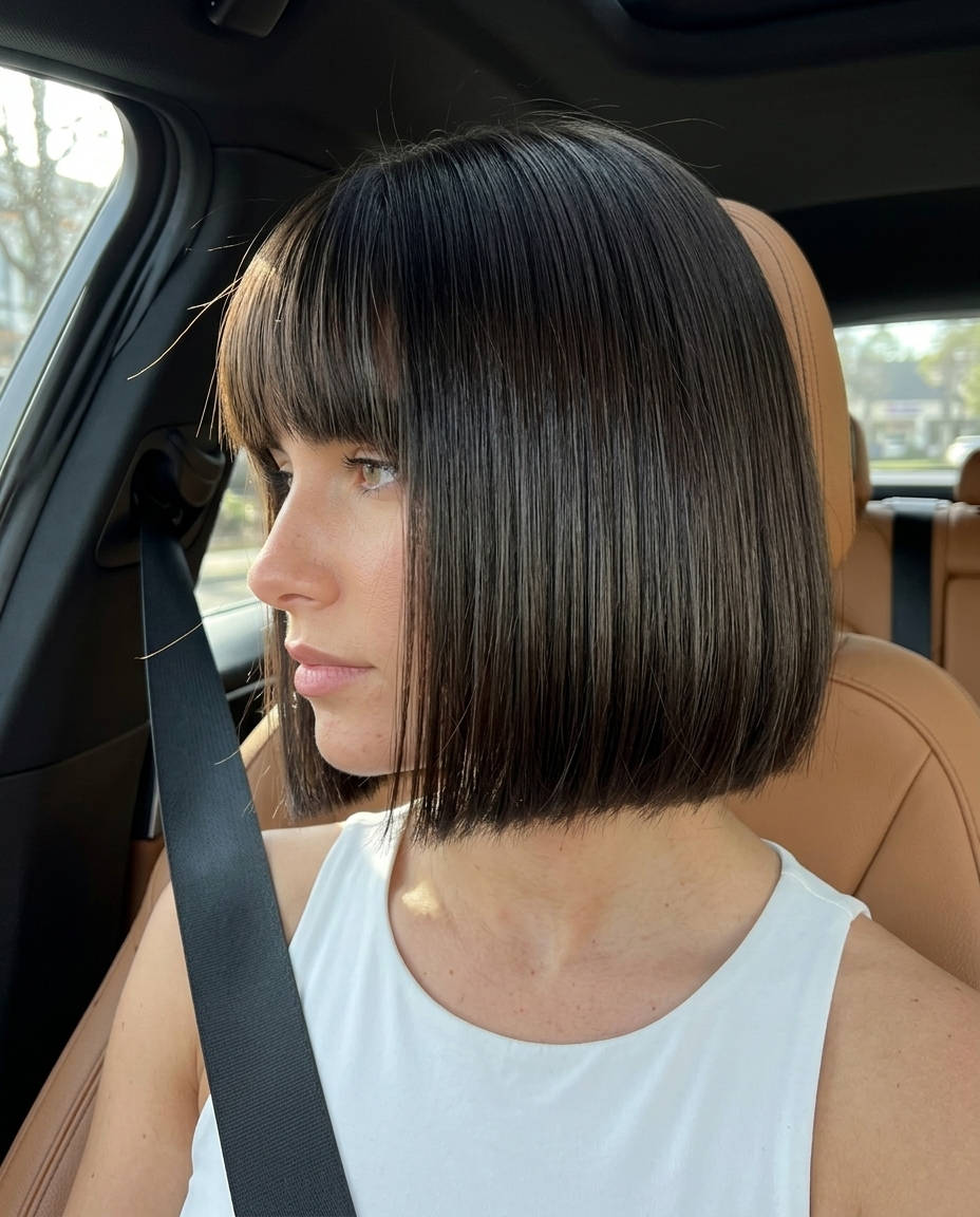 Espresso Bob with Blunt Fringe 2026 chin-length espresso bob with blunt fringe and high-gloss finish