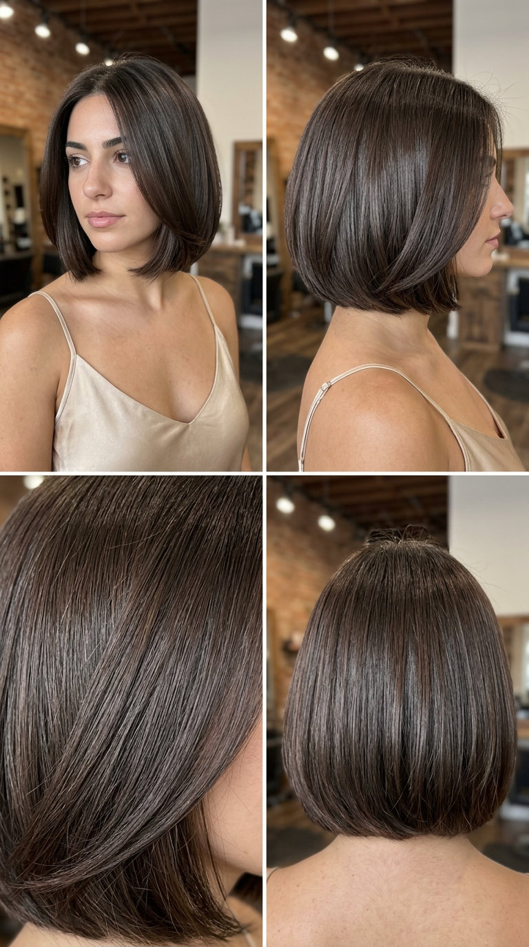 chin-length bob haircut with espresso brunette color, internal layering, blunt perimeter — sophisticated summer look