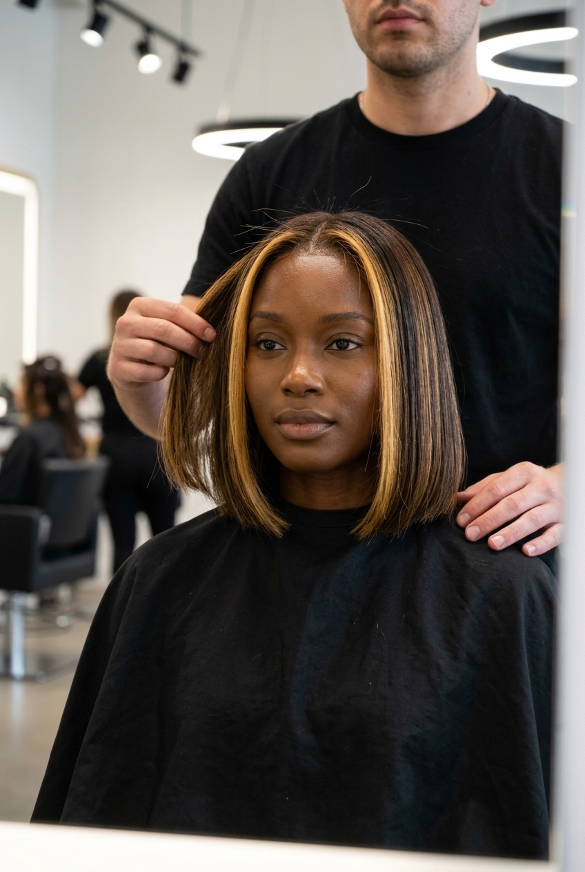chin-length blunt bob with deep espresso and raw honey money piece, no bangs — modern glam event
