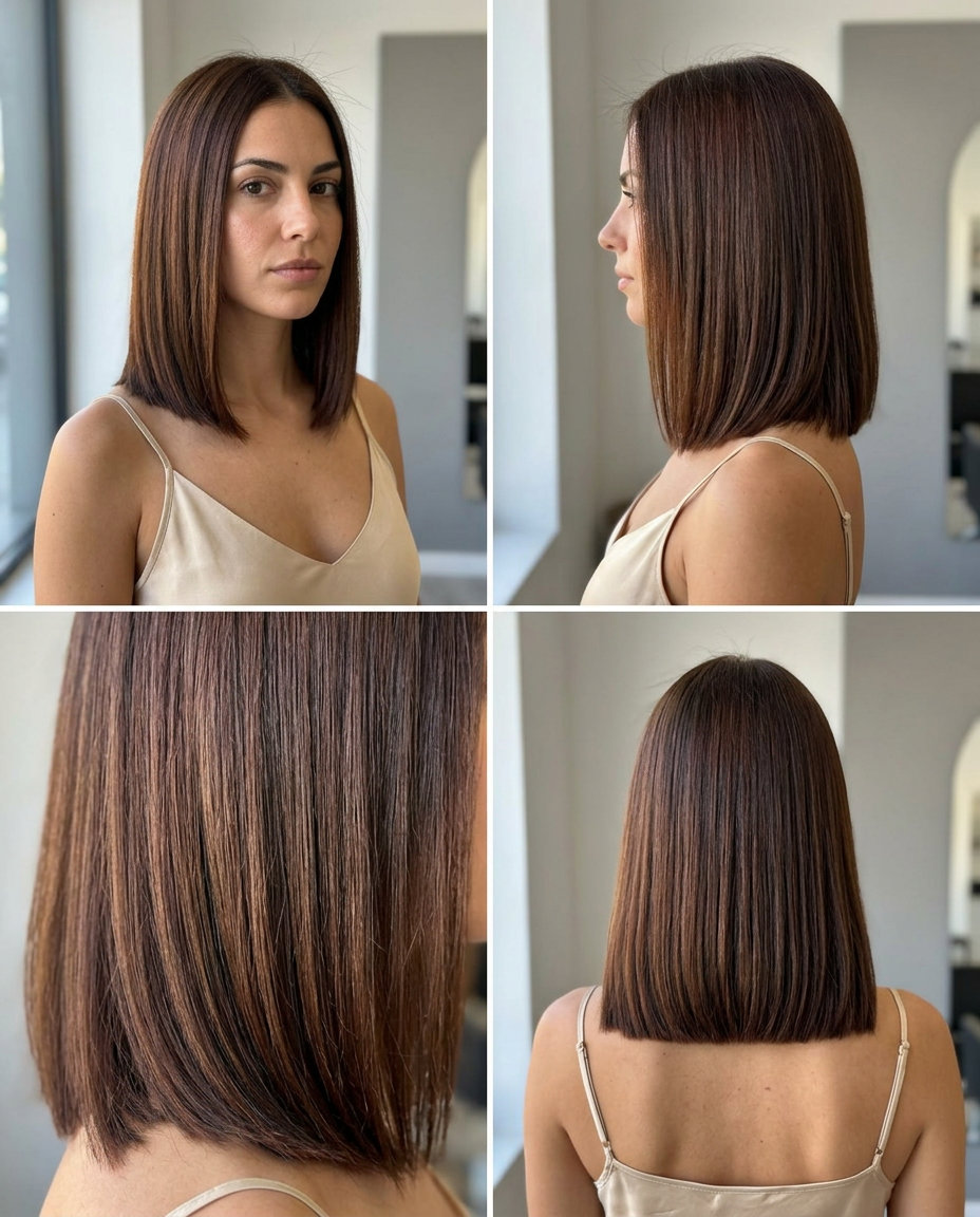 collarbone-length blunt lob haircut in warm espresso brunette with no layers for polished look