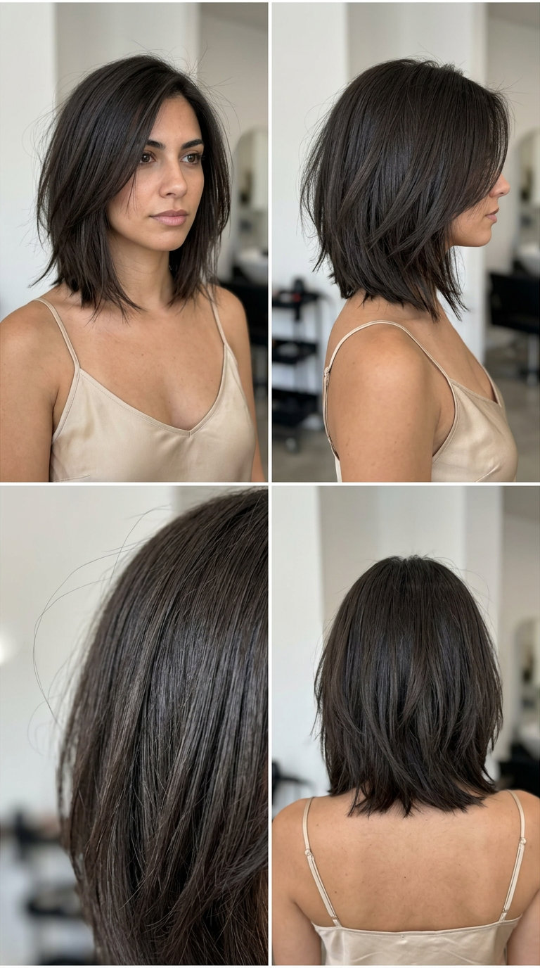 collarbone-length bob haircut with deep espresso brunette & cool ash undertones, deconstructed razor cut for round face