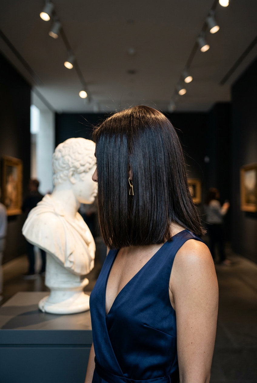collarbone lob haircut with espresso brown, blunt ends, deep side part — sophisticated minimalist style
