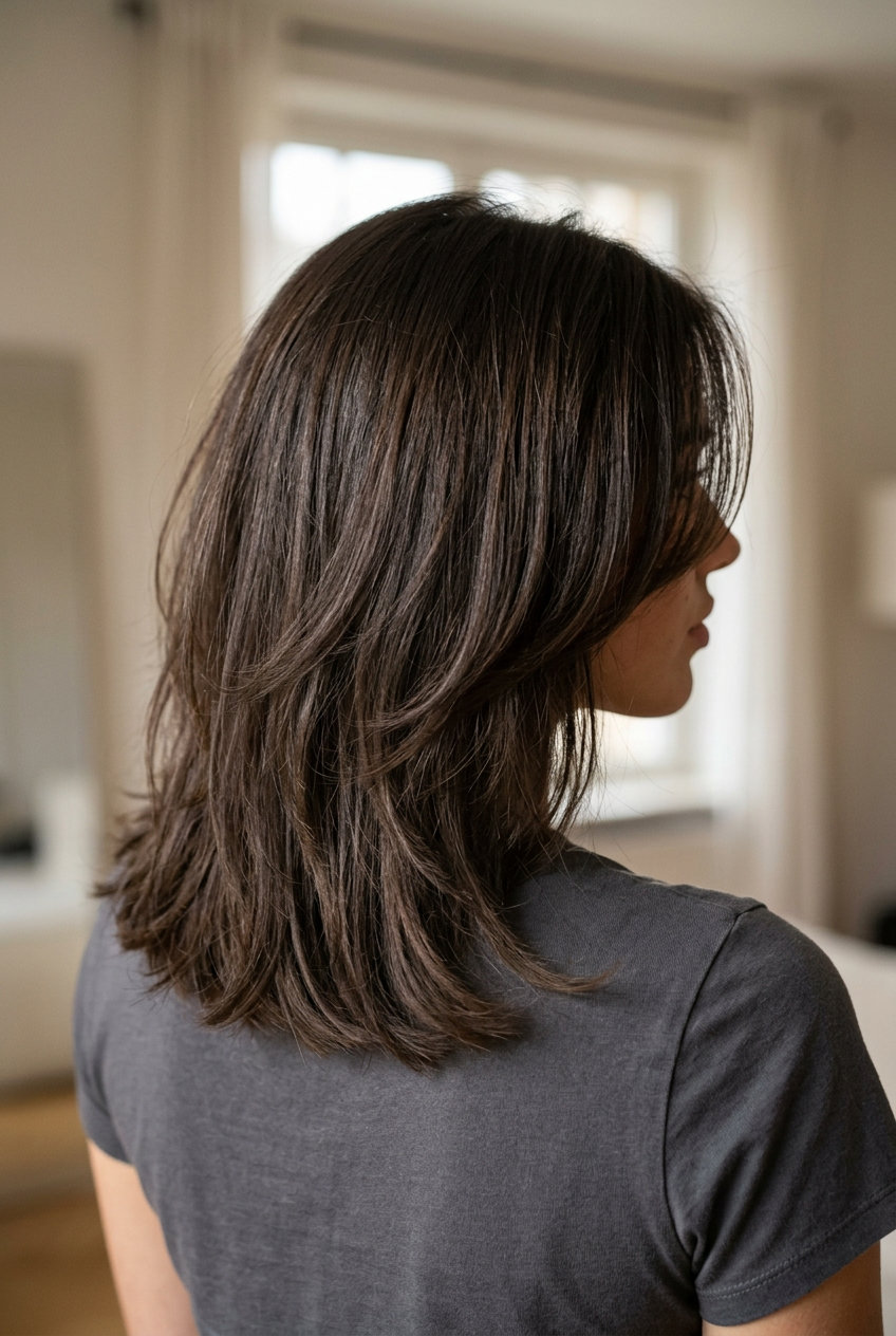 collarbone-length shag haircut in deep espresso brunette with ash babylights for a modern retro look