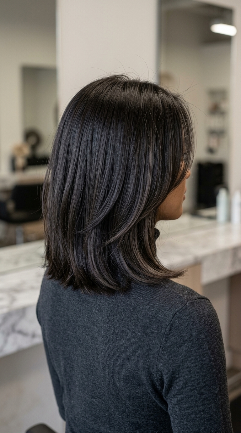 collarbone-length shag lob with espresso martini color, subtle ash highlights, no bangs — sophisticated, chic