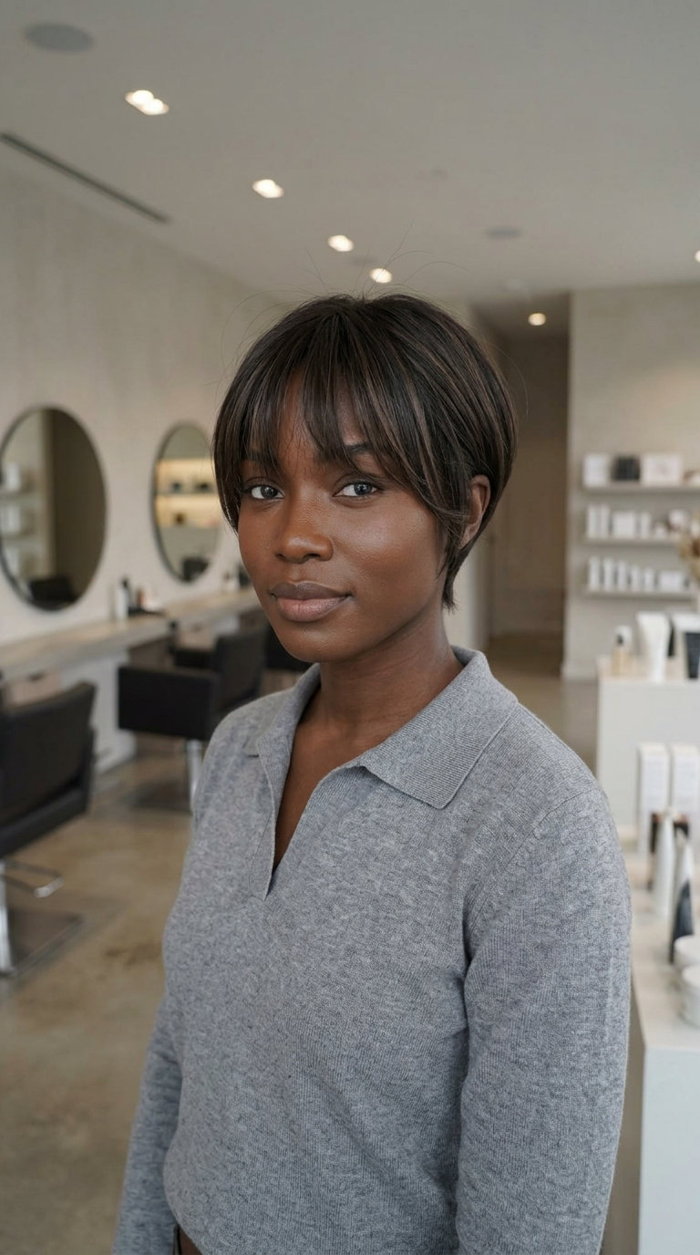 Summer Breeze Pixie: Effortless Cut with Bangs 2026 ear-length pixie haircut with cool espresso and mocha babylights, razored layers, wispy curtain bangs β soft modern