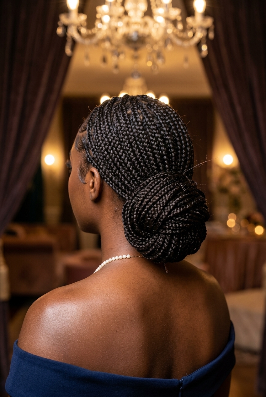long braids updo with midnight espresso, sleek chignon, no fringe — elegant summer style