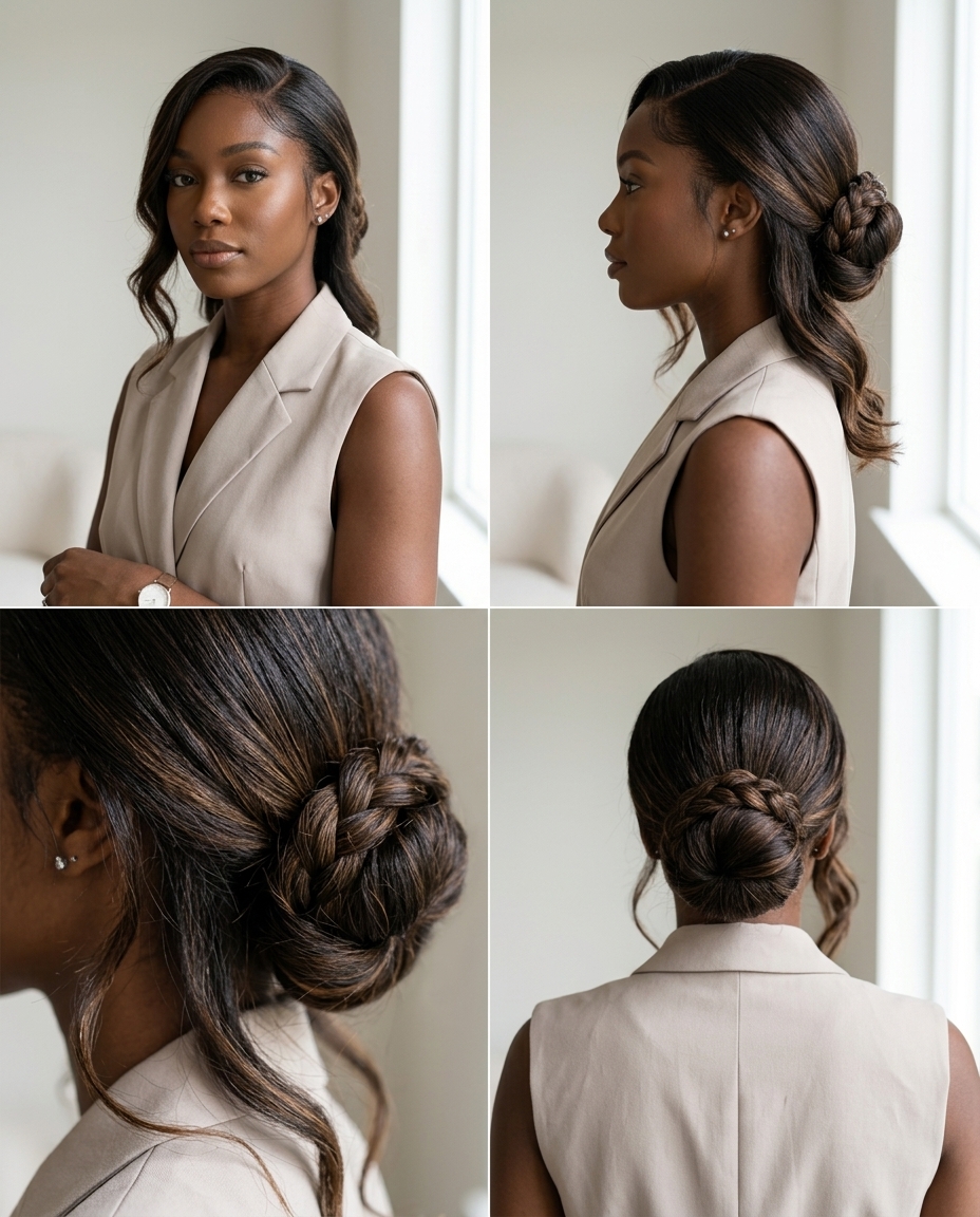 long espresso brunette low braided bun hairstyle with caramel lowlights, twisted braid, polished finish — professional office event