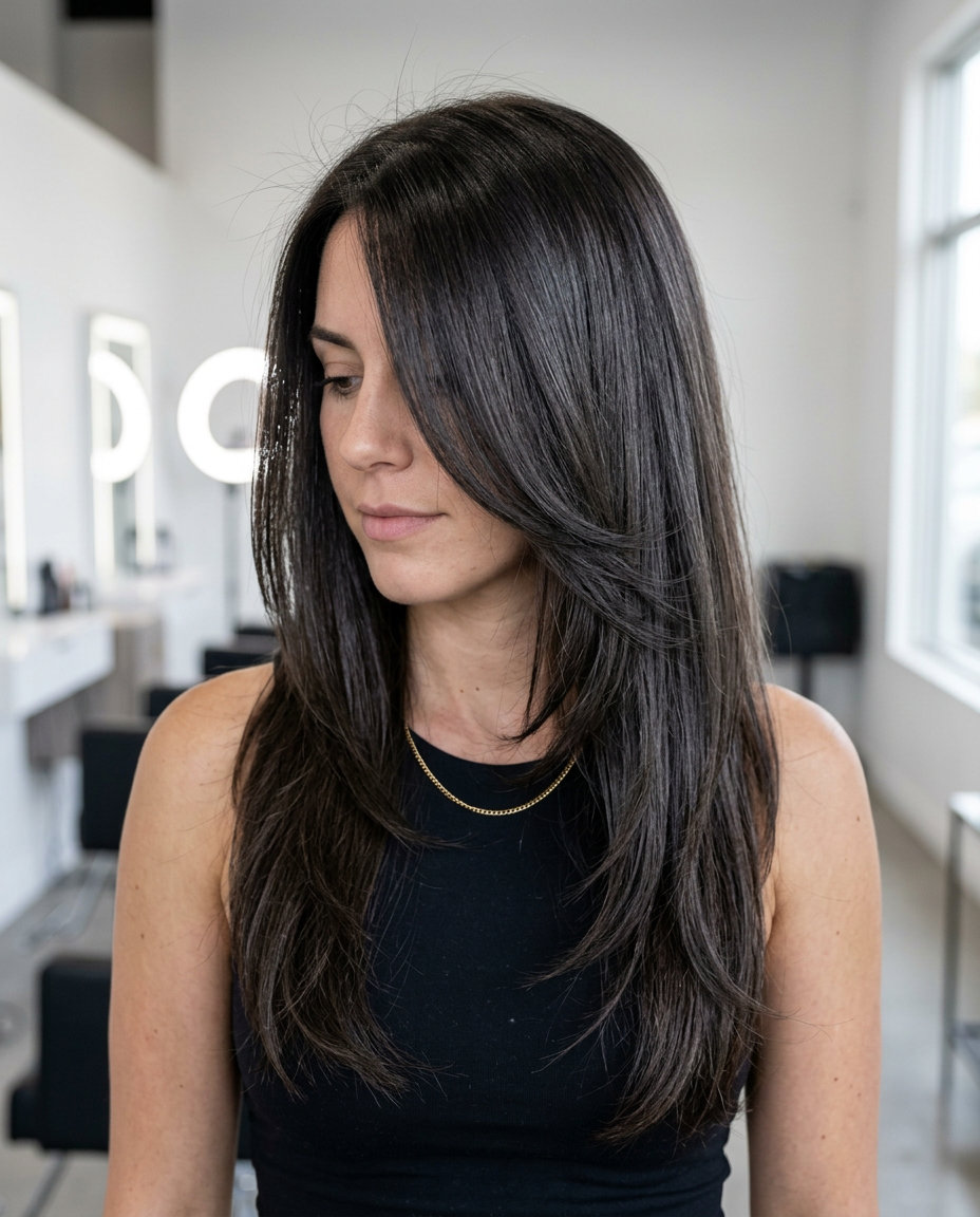 Espresso Martini Butterfly Haircut 2026 long butterfly haircut with espresso brunette, dark chocolate lowlights, silver reflects, seamless ghost layers β sophisticated professional