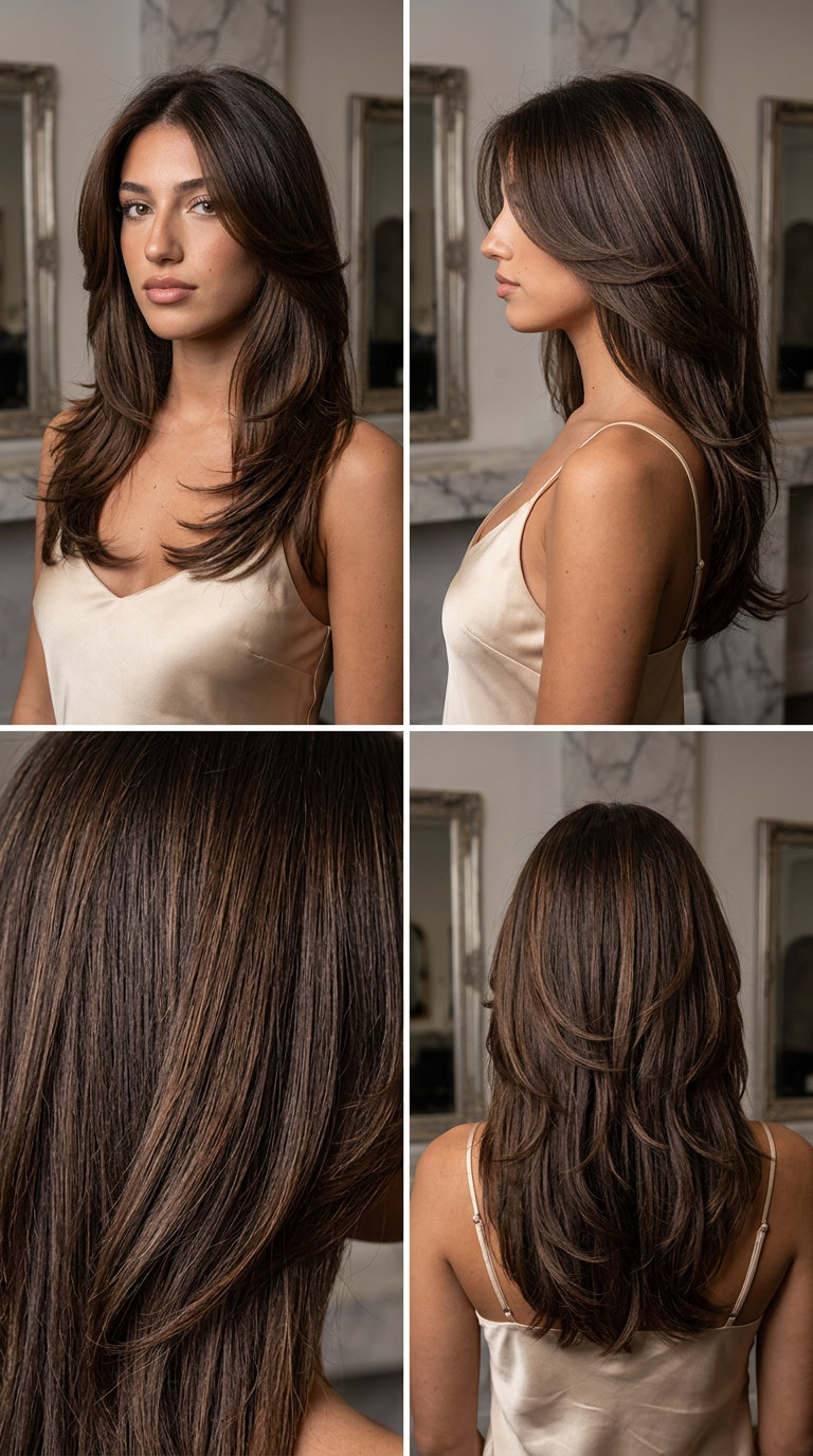 Espresso Bombshell Butterfly Haircut 2026 long butterfly haircut with espresso brunette, cocoa lowlights, high gloss, pronounced face-framing layers β glamorous special occasion