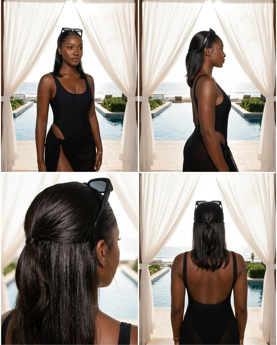long easy hairstyle with rich espresso, high-shine gel, half-up style for chic daily look