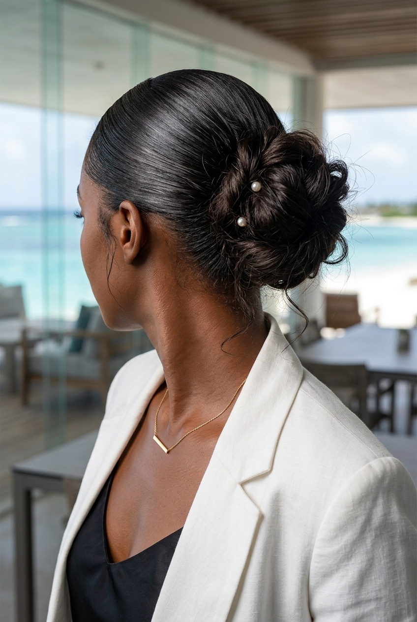 Slicked-Back Messy Bun 2026: Espresso Chic long deep espresso messy bun hairstyle with slicked-back roots and textured bun