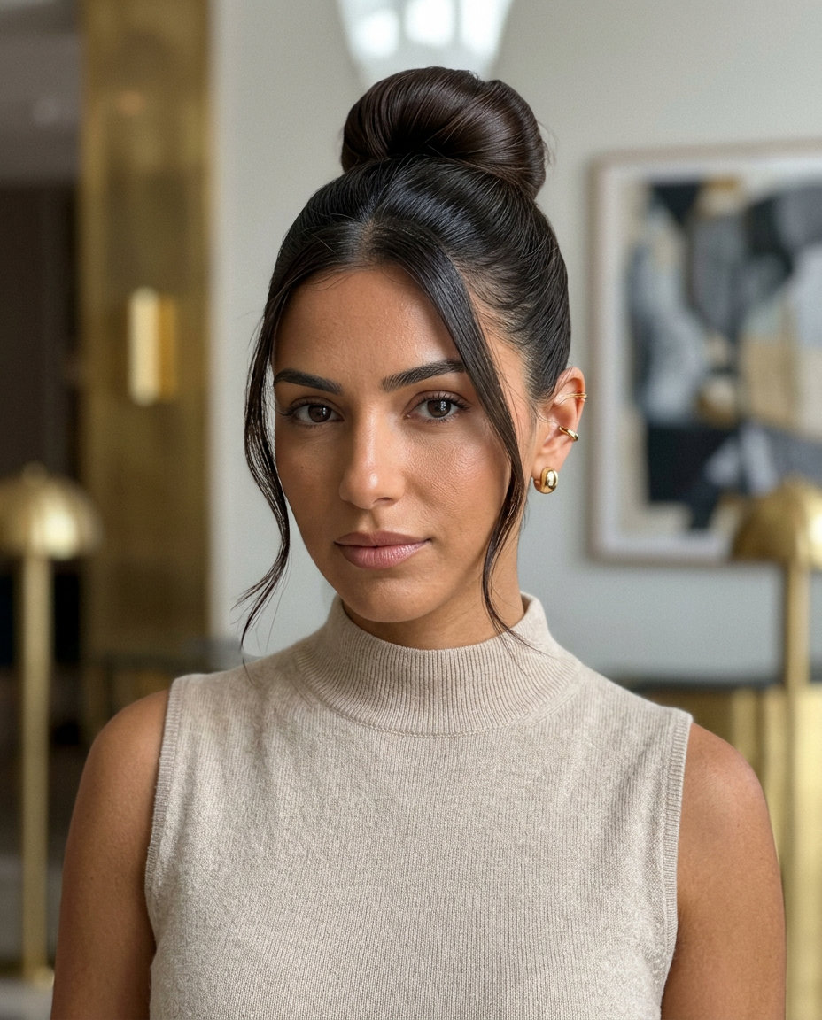 Clean Girl Bun: Sleek Summer Hairstyle 2026 long one-length haircut with rich espresso brunette, blunt ends, and no layers β minimalist chic