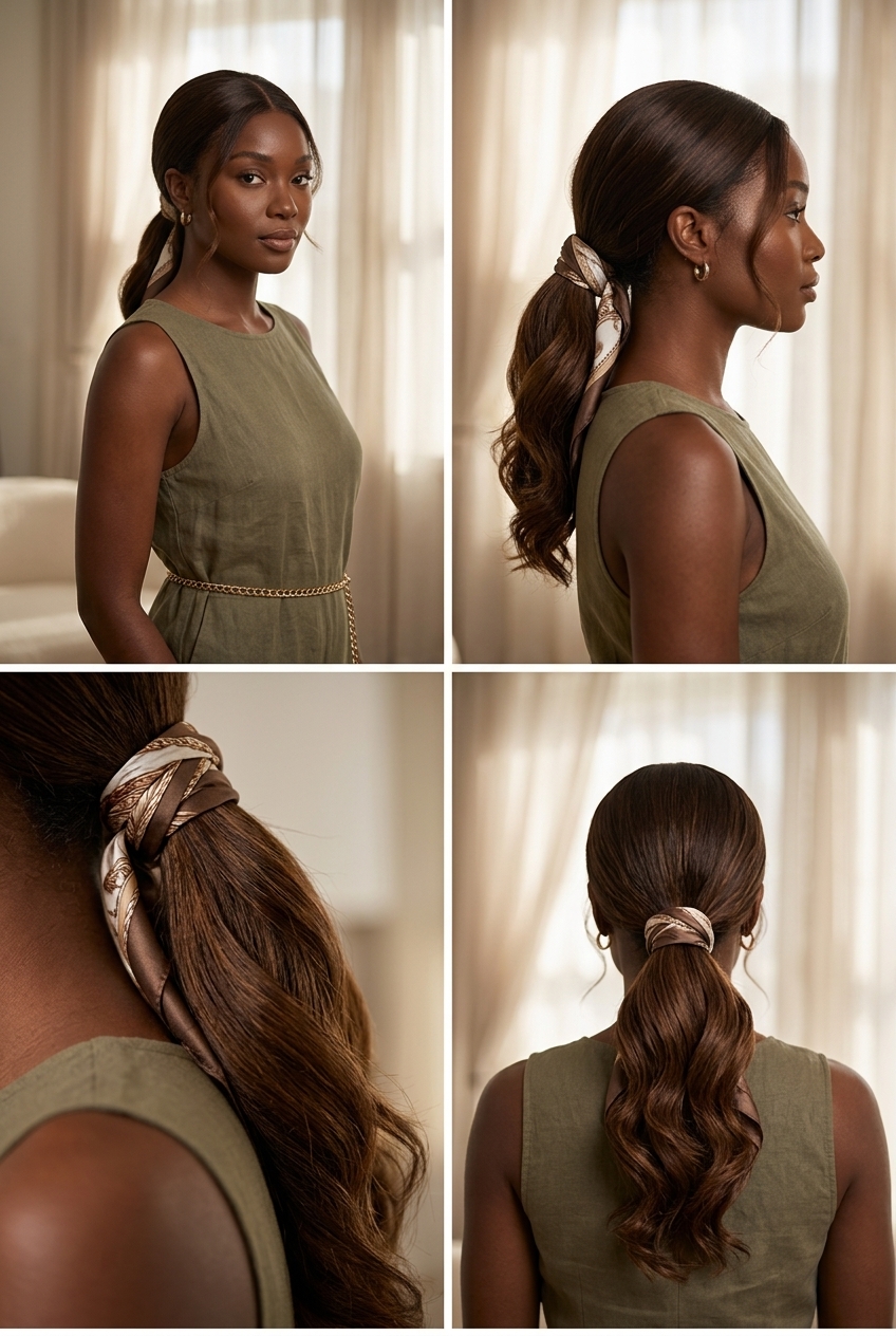 long espresso brunette ponytail with wavy texture, sleek crown, no fringe — elegant scarf accessory