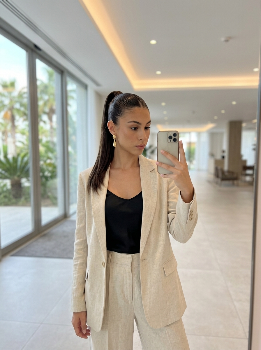 Sculpted Palm Ponytail 2026: Deep Espresso Sleekness long sculpted ponytail with deep espresso, architectural sleekness, no bangs β professional formal event