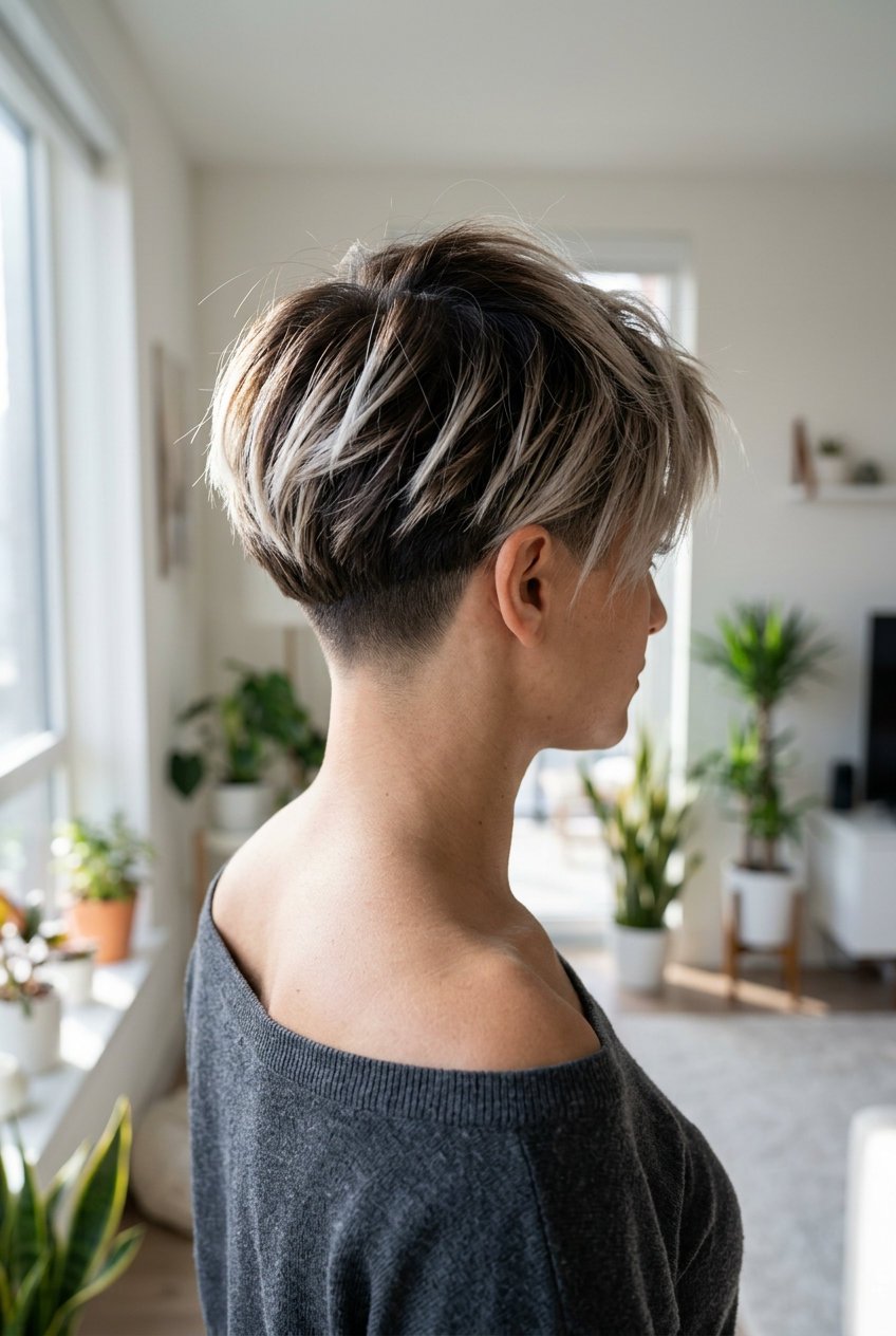 long undercut ombre with deep espresso to icy ash blonde, razored top and clipper-cut sides for edgy style