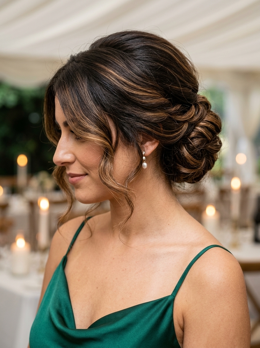 long espresso brunette pinned updo hairstyle with caramel balayage, twisted waves, face-framing tendrils — elegant wedding guest