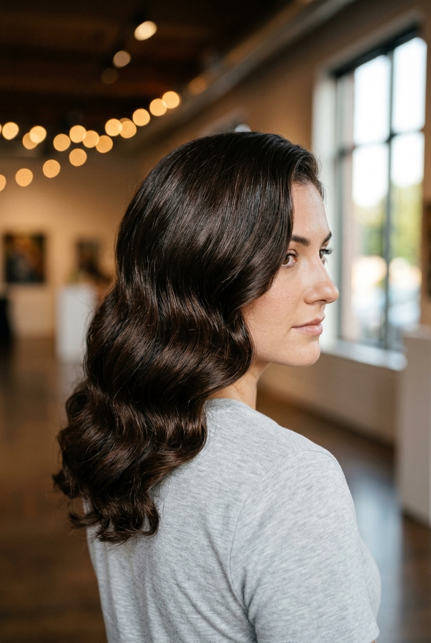 long espresso brunette hollywood waves hairstyle with deep chocolate, sculpted S-waves, no fringe — glamorous formal event
