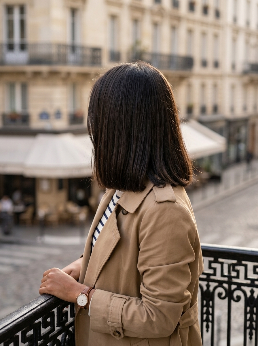 The Parisian Espresso Lob 2026 collarbone-length blunt lob with espresso martini brunette color, ash reflects, deep side part for sophistication