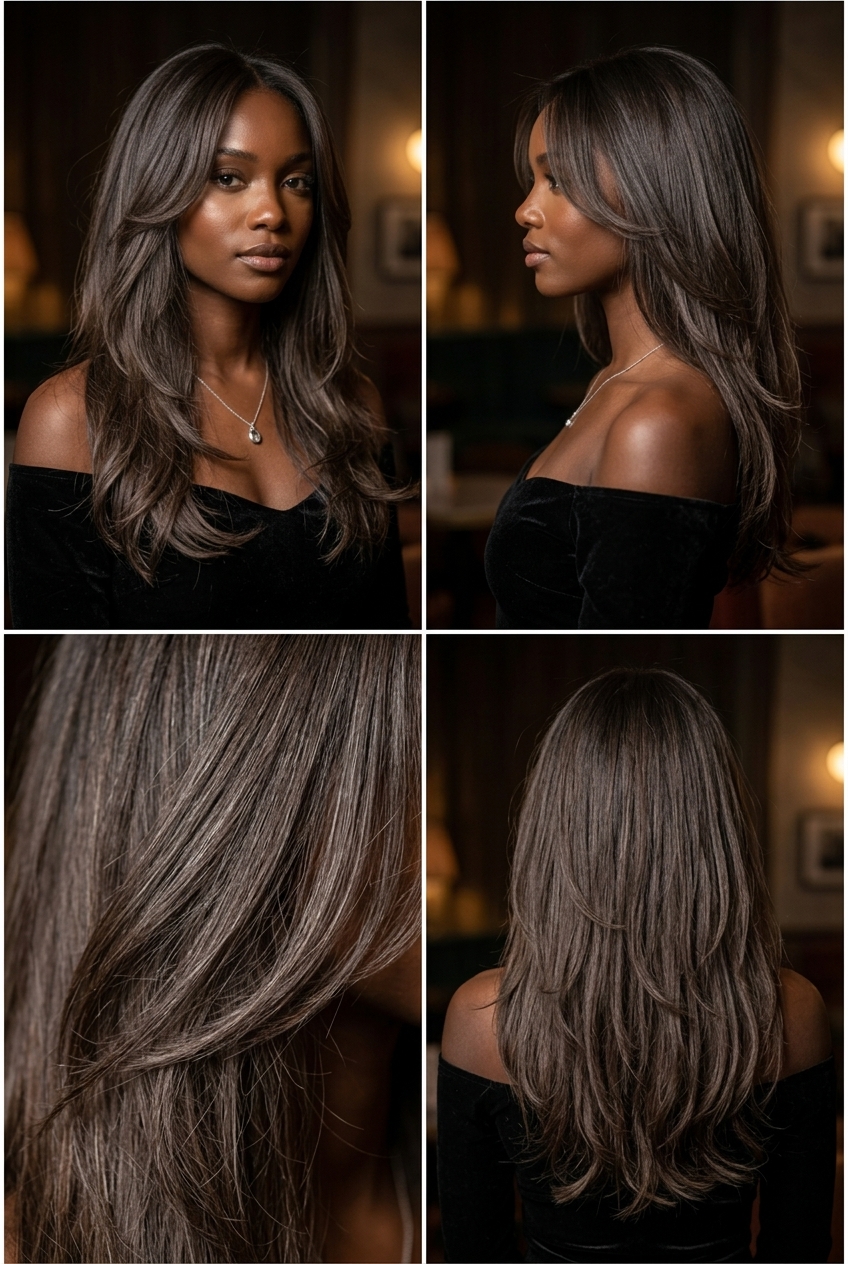 Espresso Martini Textured Long Cut 2026 long layered haircut with espresso martini brunette color, ash reflects, soft face-framing for date night