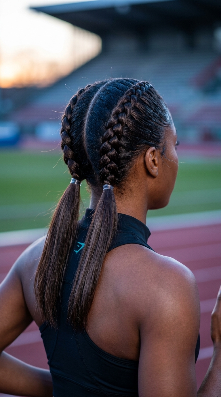 medium-length boxer braids in deep espresso brunette, blunt cut ends, central part — sporty casual style