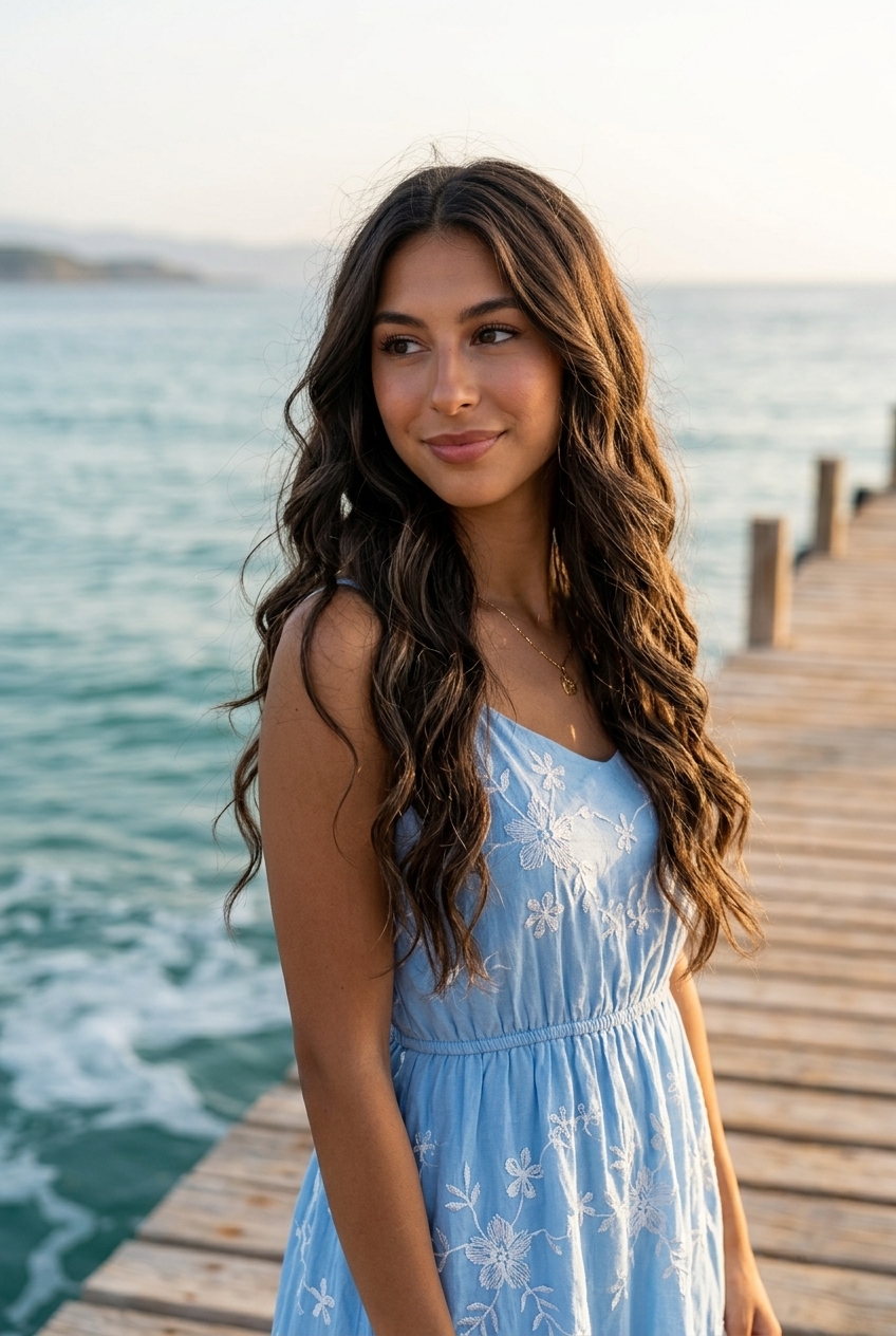 medium espresso brunette waves with ash brown lowlights, braided waves, no fringe — dreamy casual look