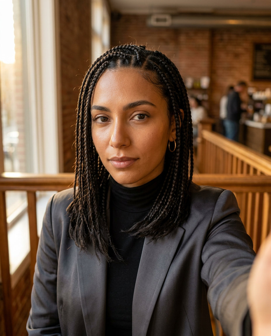 medium-length knotless braids in midnight espresso, feathered ends, clean perimeter — sophisticated professional style