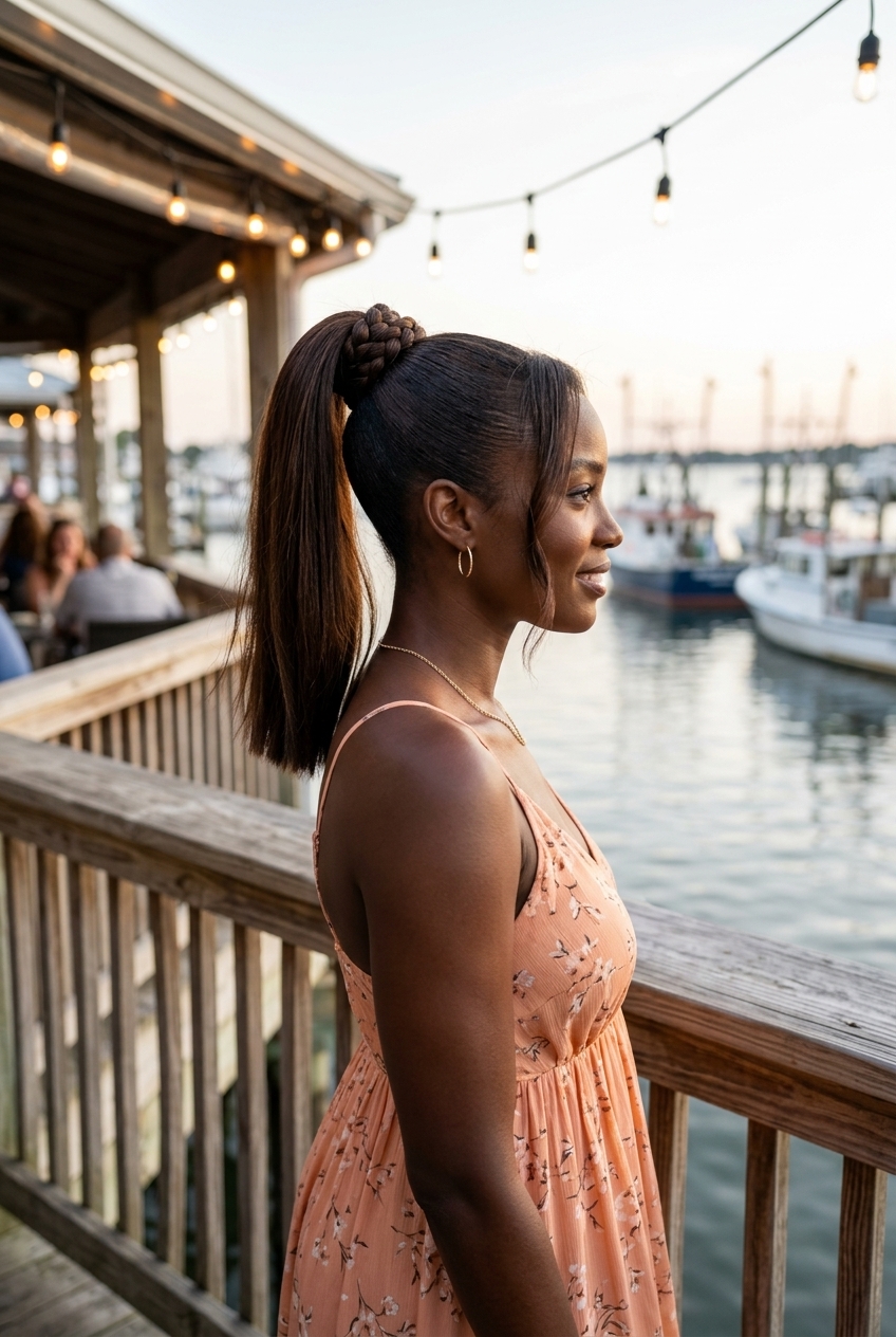 Parisian Braided Ponytail 2026: Chic Espresso medium-long braided ponytail with deep espresso, wrapped braid, no bangs β romantic date night