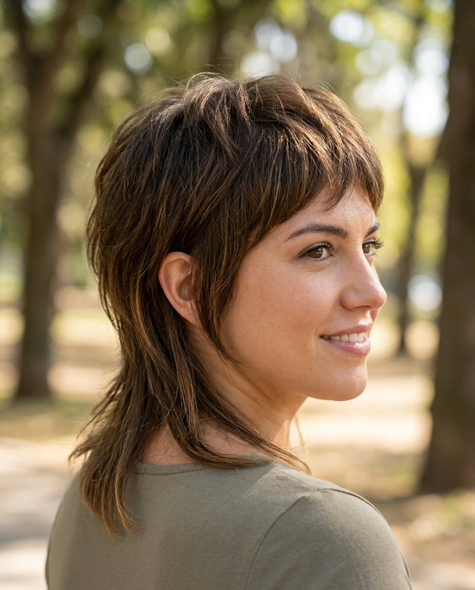 medium pixie-mullet haircut in espresso with copper ribbons, tapered sides, razored fringe — edgy confident style