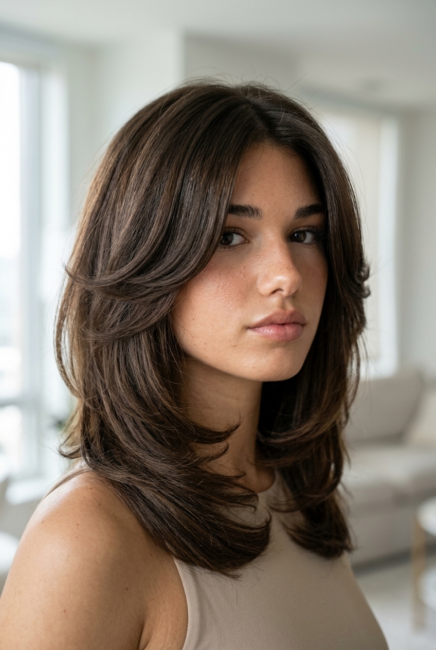 medium shag haircut with espresso brunette, silver shimmer, sweeping curtain bangs — bold, glamorous