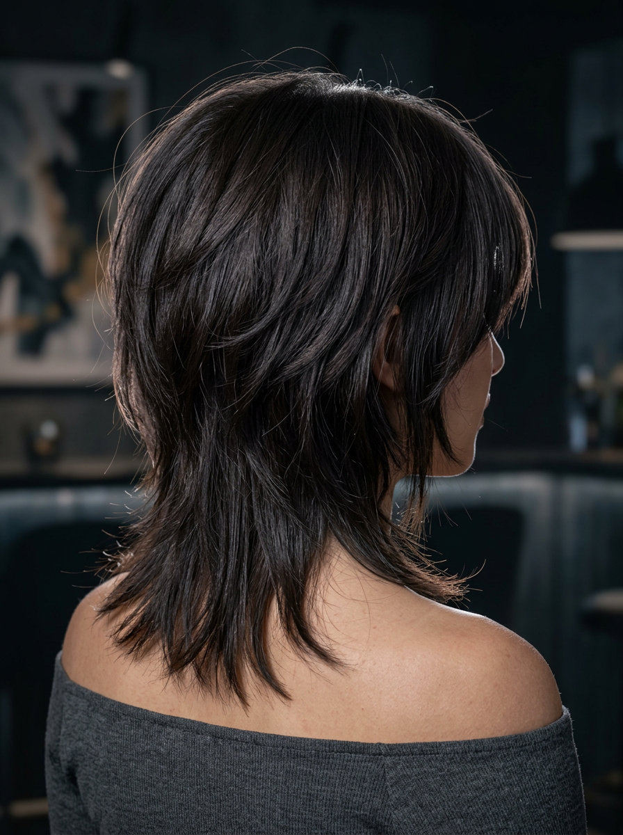 medium wolf cut in deep espresso brown with blue-black undertones, sculpted layers, eye-grazing fringe — edgy date night