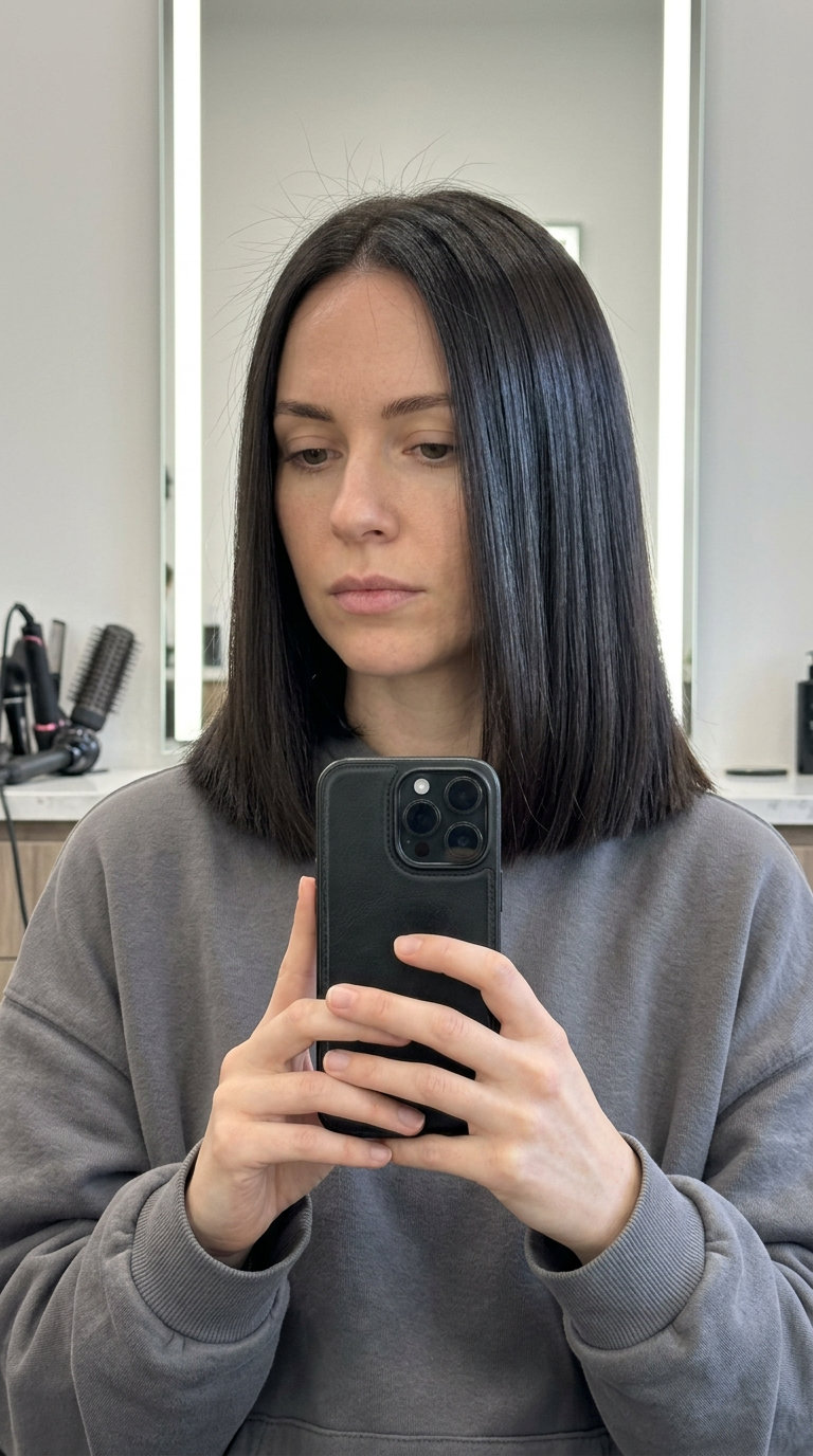 mid-length blunt haircut in deep espresso brunette with silver shimmer and center part for luxury