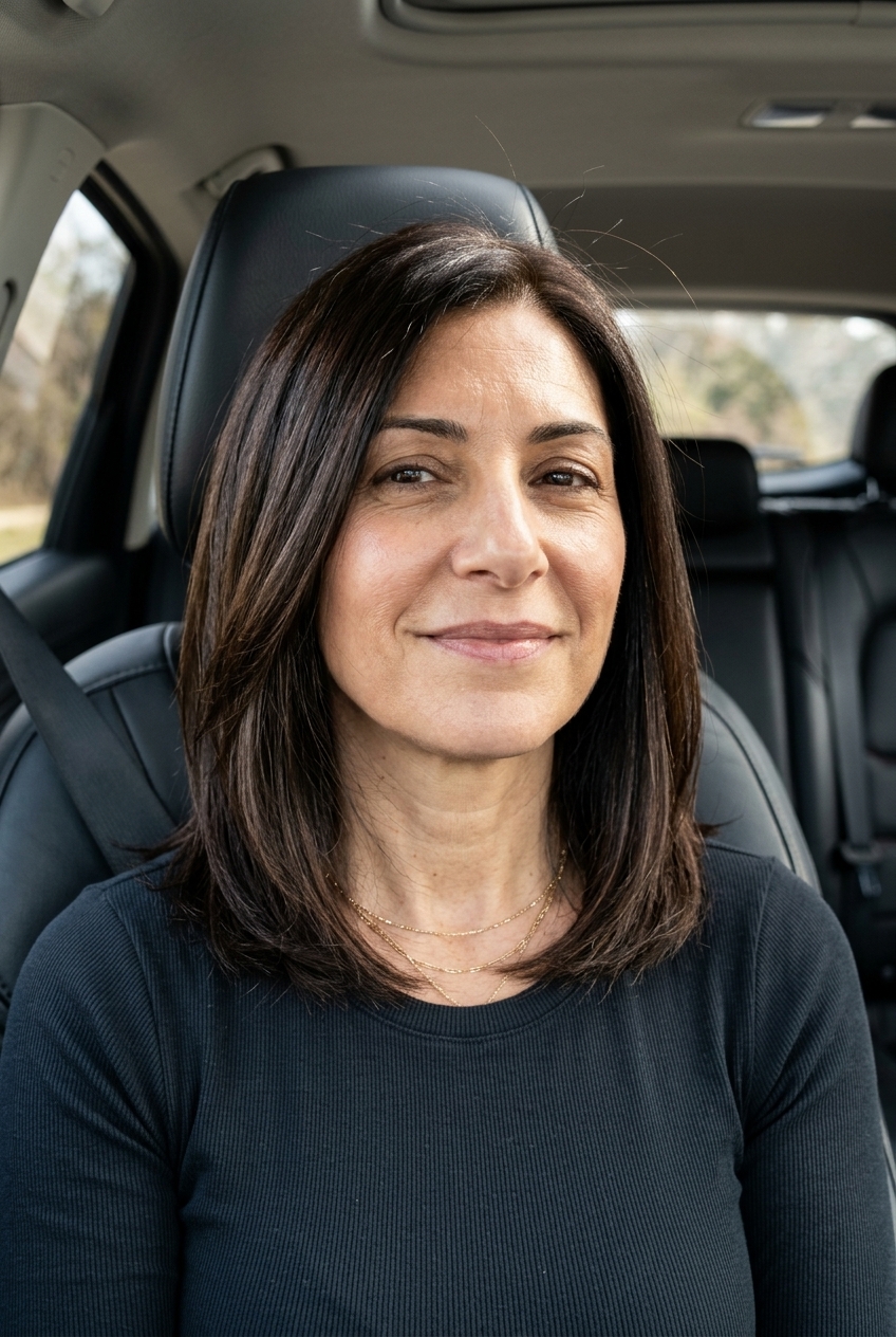shoulder-length layered lob haircut with deep espresso and mocha lowlights, blunt perimeter, no bangs — professional board meeting