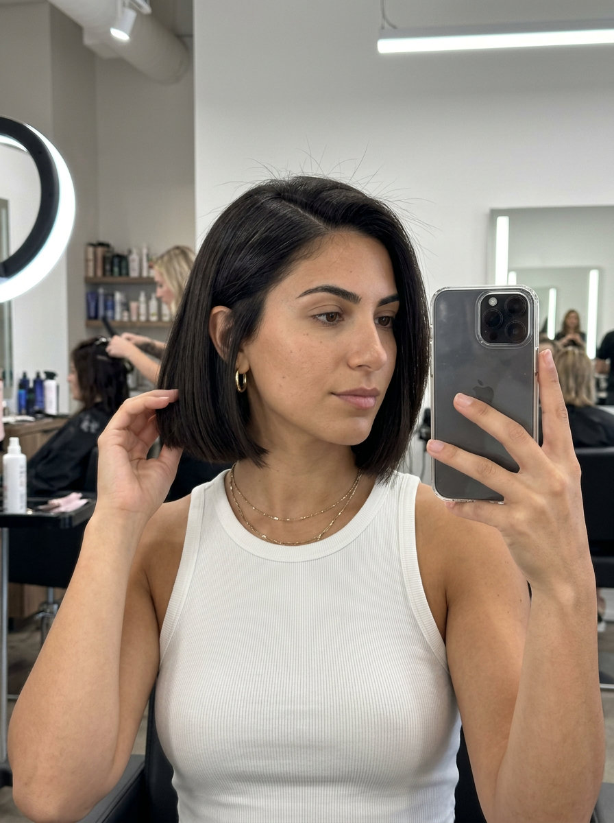 Espresso Roast Brunette Blunt Bob 2026 short blunt bob haircut in espresso roast brunette with deep side part for date night