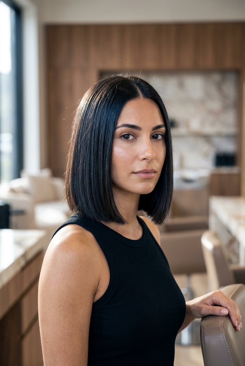 Gorgeous Summer Blunt Bob 2026: Espresso Glass Bob short blunt bob haircut with deep espresso brunette color, high-gloss finish, center part β polished, glamorous