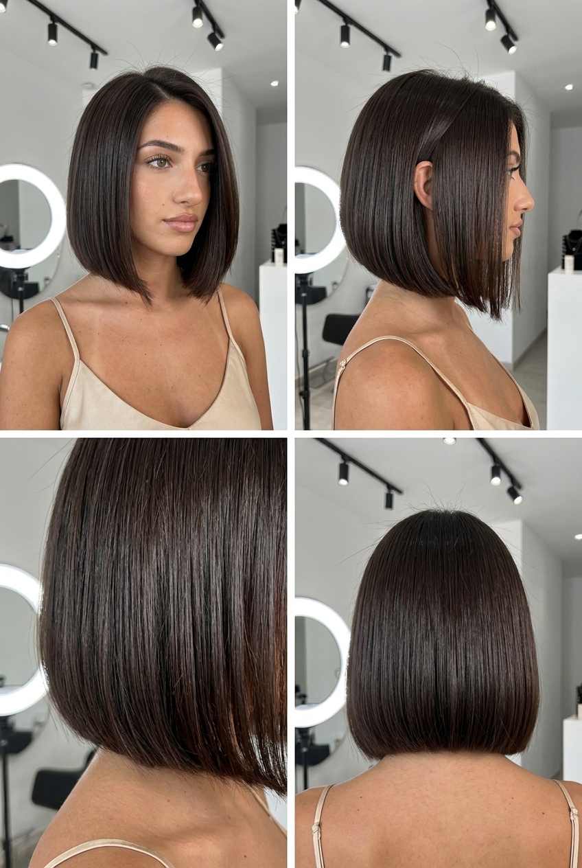 Gorgeous Summer Blunt Bob 2026: Power Espresso Bob short blunt bob haircut with espresso roast brunette color, clear gloss, subtle A-line β professional, minimalist