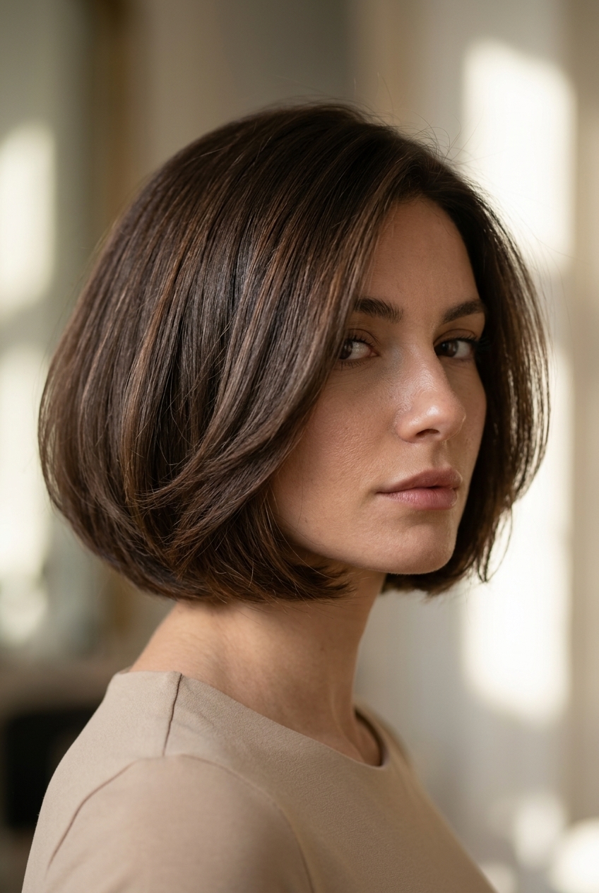 Gorgeous Summer Blunt Bob 2026: Milano Volume Bob short blunt bob haircut with espresso brunette color, blue-black lowlights, deep side part β bold, sophisticated