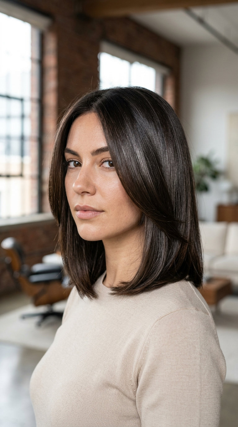 Sleek Espresso Butterfly Lob 2026 shoulder-length butterfly lob with espresso brunette, cocoa undertones, high gloss, internal layers β luxurious evening event
