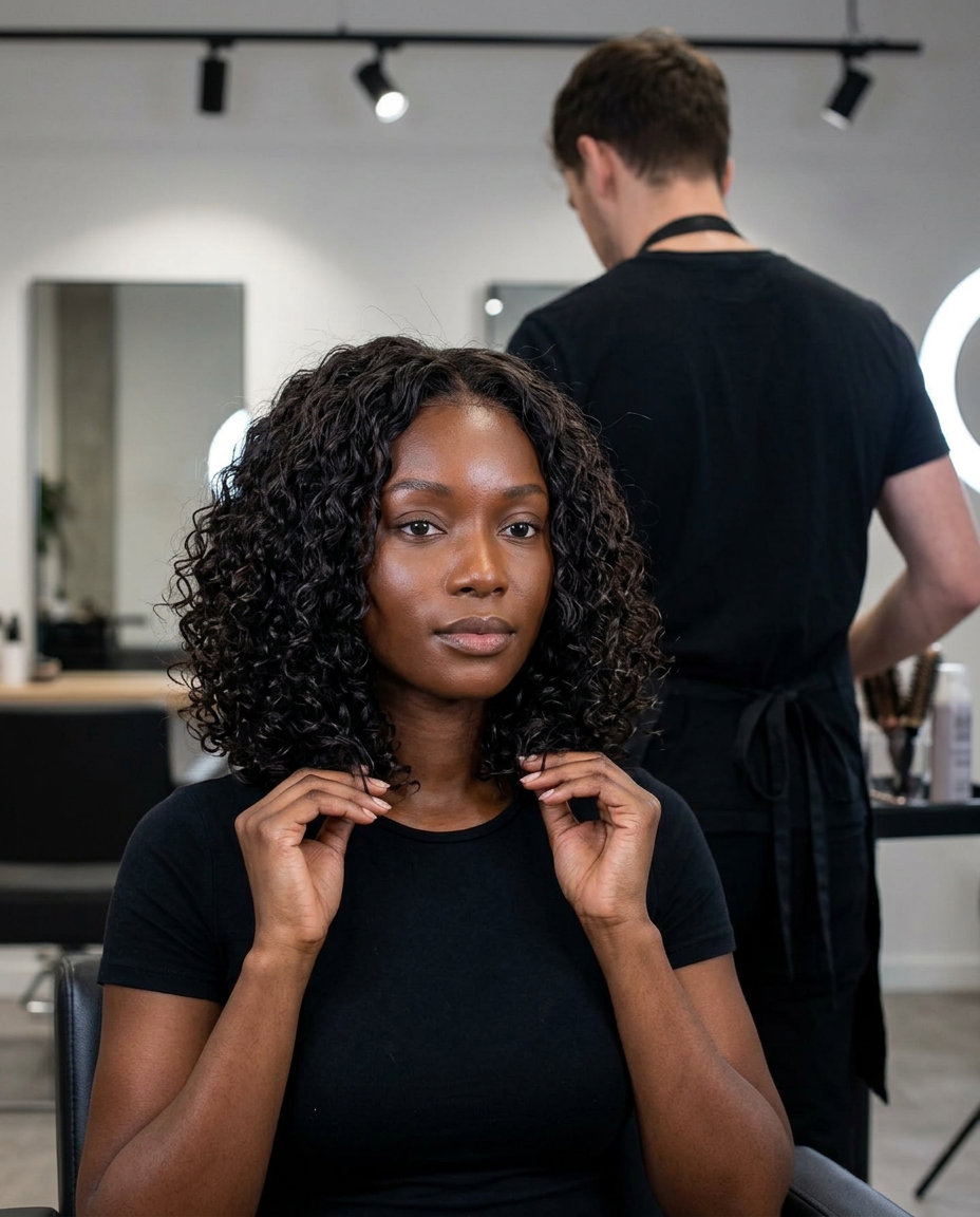 Corporate Curl Lob 2026: Sleek Curly Haircut shoulder-length curly lob with espresso roast, blunt perimeter, subtle layers, no fringe β professional summer style