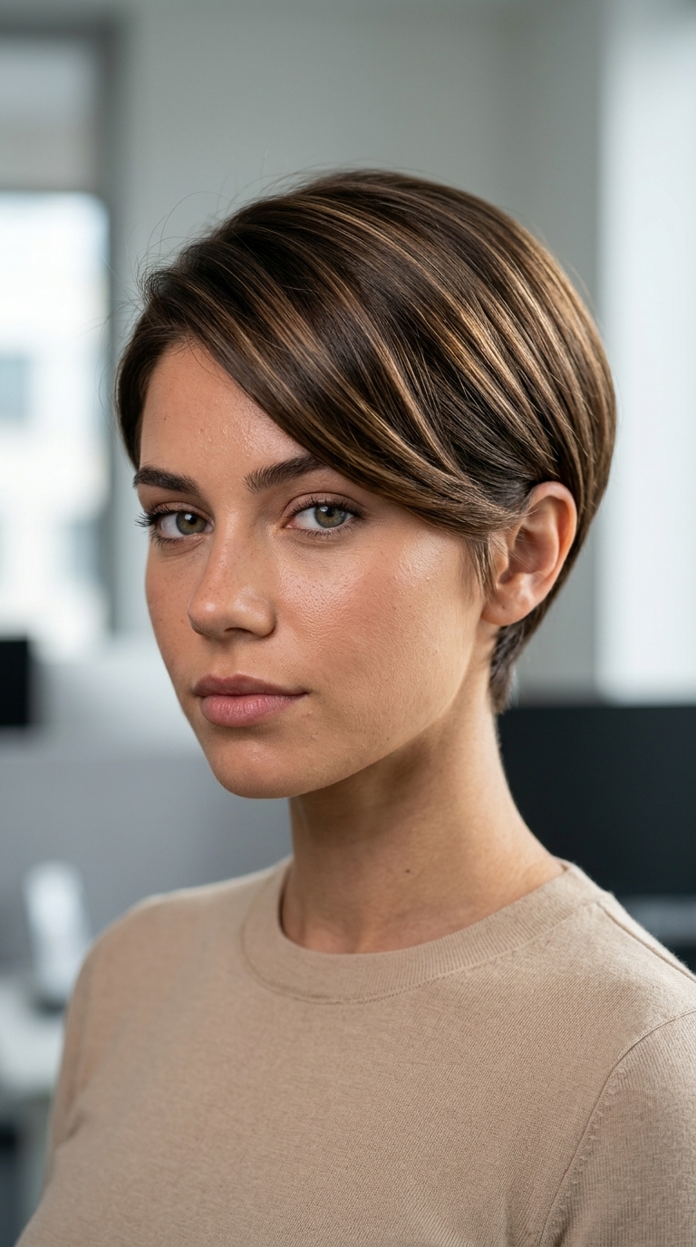 Sophisticated Glazed Espresso Pixie 2026 very short pixie haircut in deep glazed espresso brunette with blunt cut for sharp style