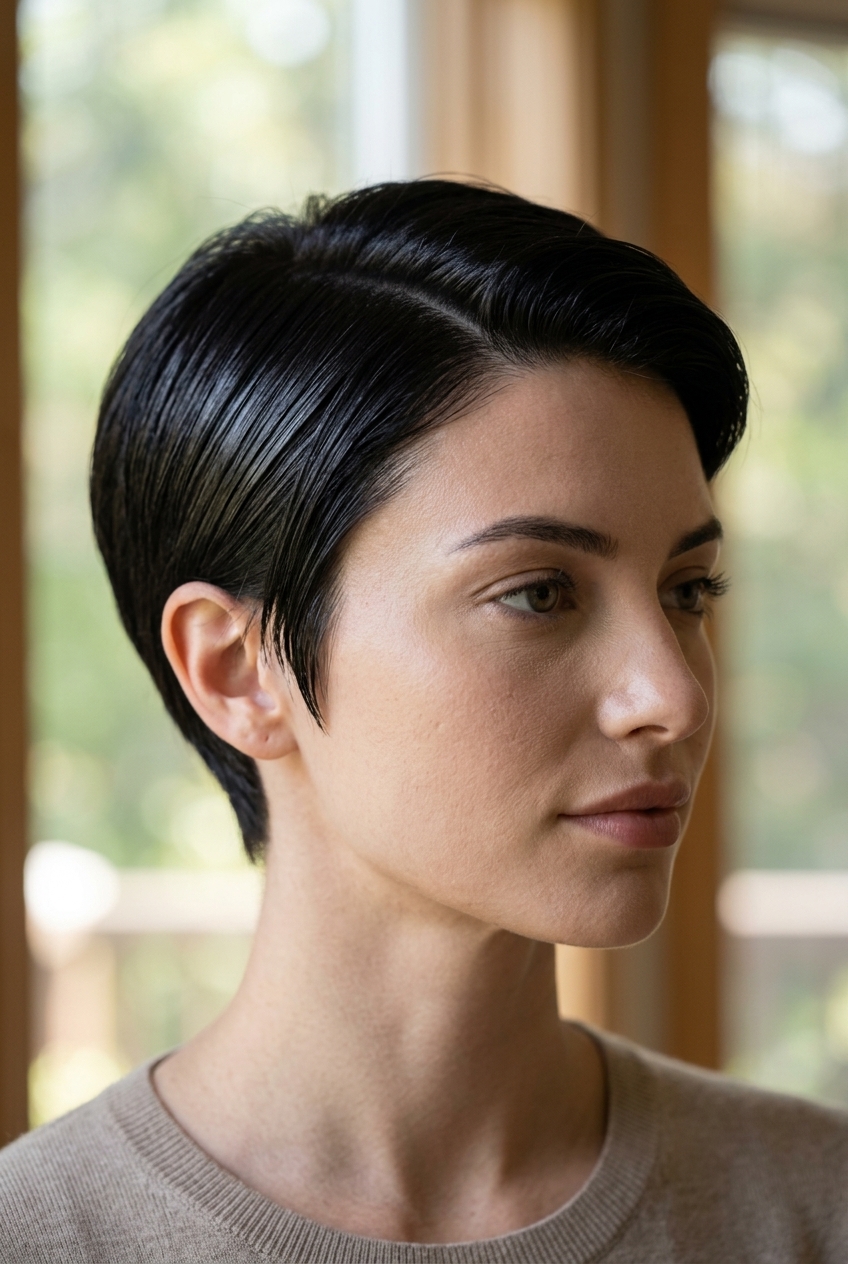 Slick Glazed Espresso Pixie 2026 very short pixie haircut in deep espresso with violet undertones and clear gloss for slick style